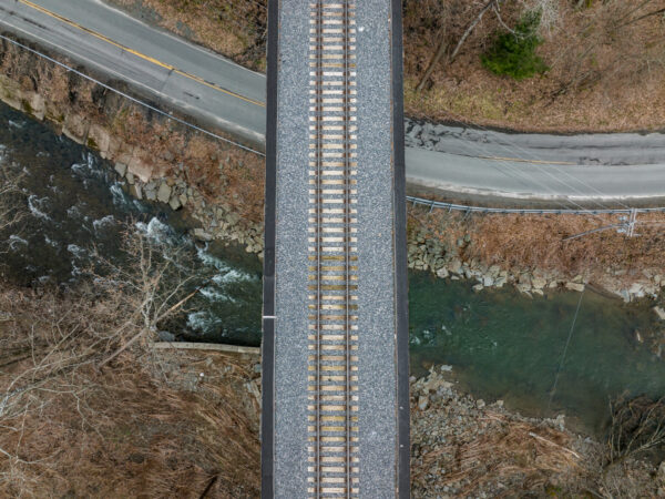 Arial view of Starrucca Viaduct in Susquehanna County Pennsylvania passing over a stream and road