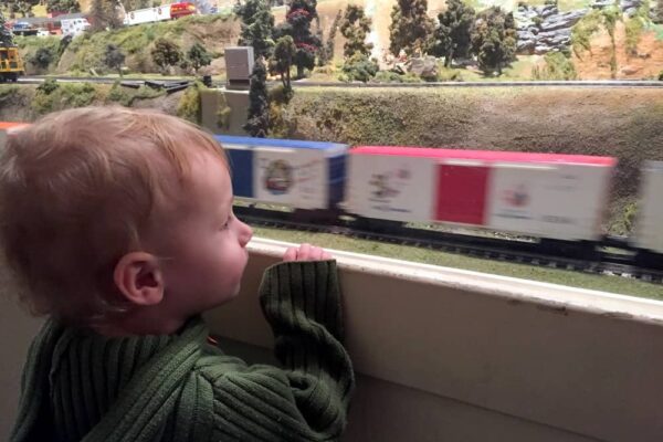 Child watches trains at the Choo Choo Barn in Strasburg PA