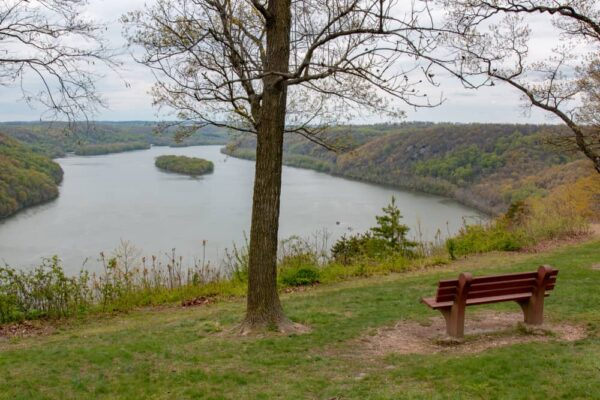 Bench in front of the view from the Pinnacle Overlook in Lancaster County PA