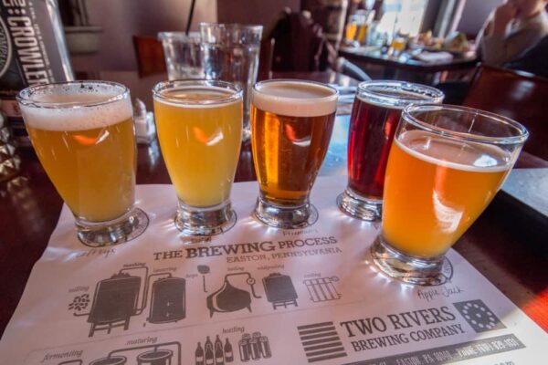 A flight of beer at Two Rivers Brewing Co in Easton PA