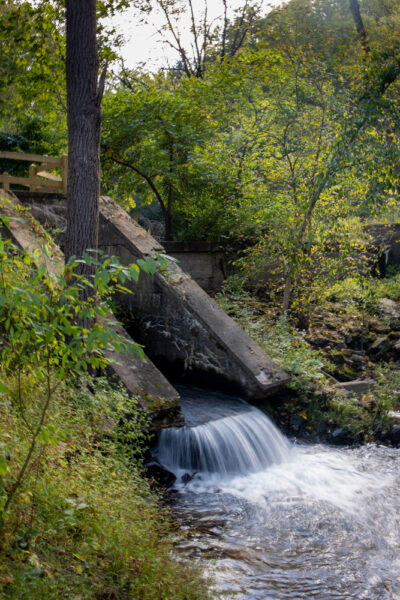 Small waterfall at the sawmill dam in Nolde Forest in Reading PA