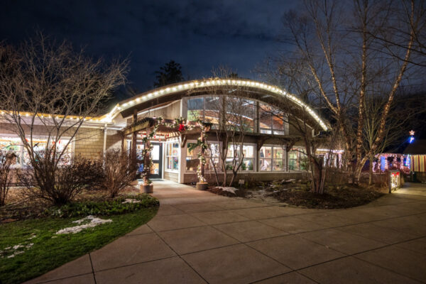 Lights on the Nature Center during Winter Wonderland at Asbury Woods in Erie PA