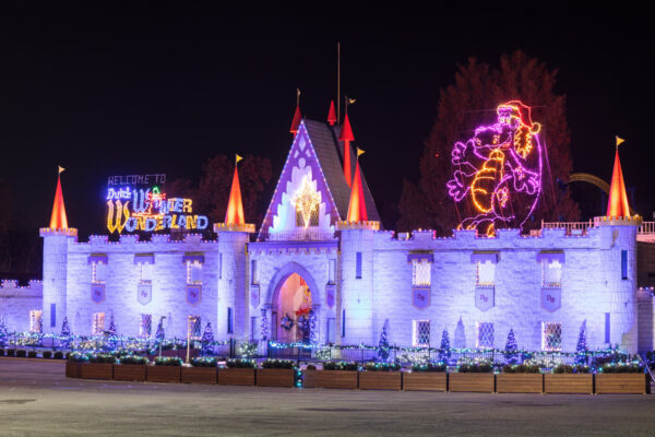 The exterior of Dutch Wonderland in Lancaster County decorated for Christmas.