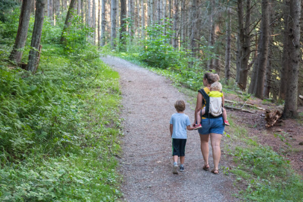 Family hiking the Marilla Bridges Trail in Bradford PA