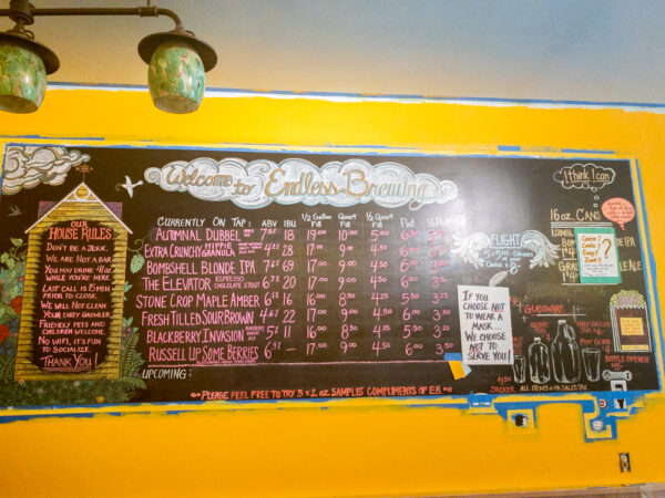 The menu board inside the taproom at Endless Brewing in Susquehanna County PA