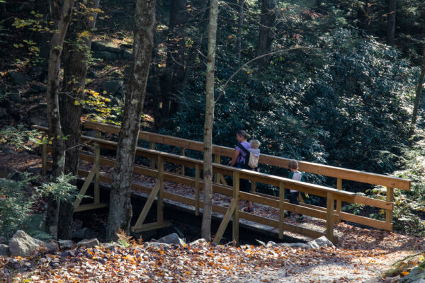 Woman and children hiking the Shades of Death Trail in Hickory Run State Park in the Poconos