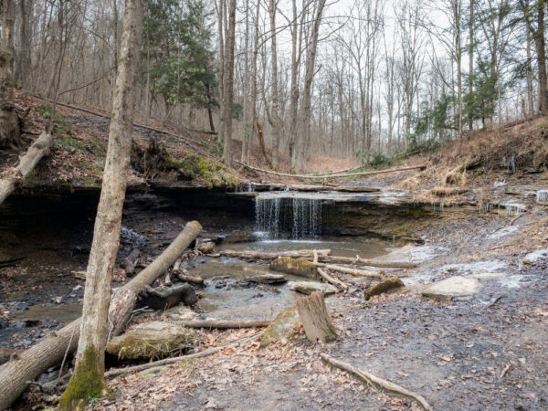 Wide look at the waterfall in Settler's Cabin Park in Allegheny County PA
