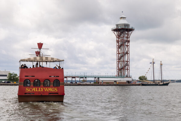 Scallywag floating on the water at Erie's Bicentennial Tower