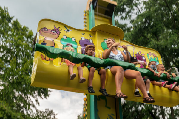 People on the Frog Hopper ride at Dutch Wonderland in Lancaster PA