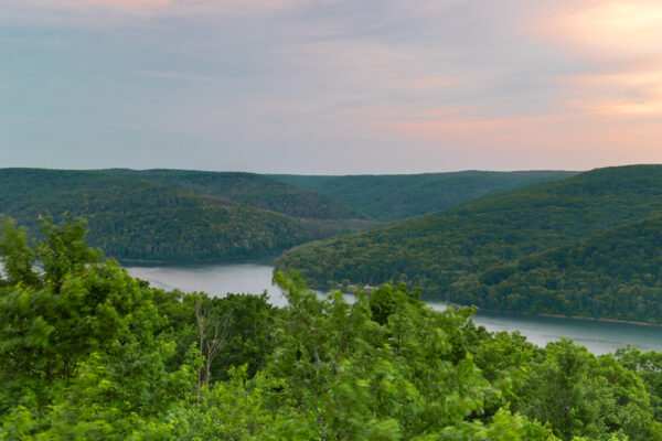 View over the Allegheny Reservoir from Rimrock Overlook at sunset