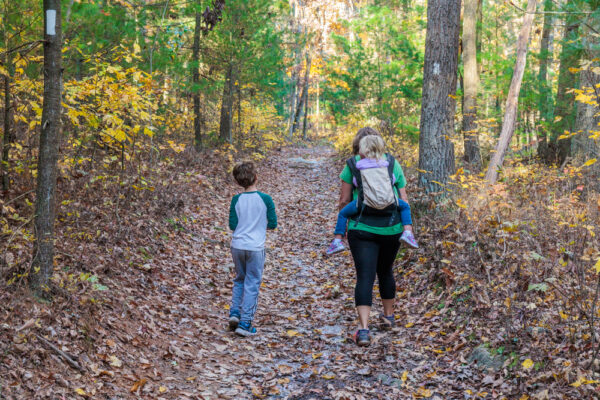 Woman and child hiking the Appalachian Trail in Michaux State Forest in PA