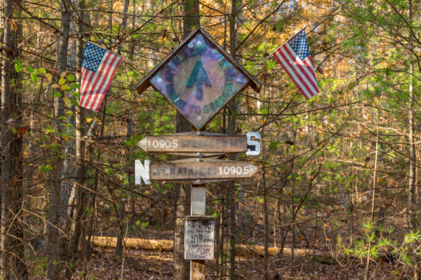 The sign marking the halfway point of the Appalachian Trail in Michaux State Forest in PA