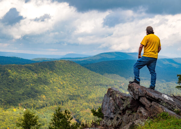 Man at Penn's View, a roadside scenic overlook in Bald Eagle State Forest in Pennsylvania