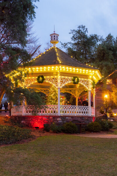 Gazebo at Peddler's Village in Bucks County covered in Christmas lights