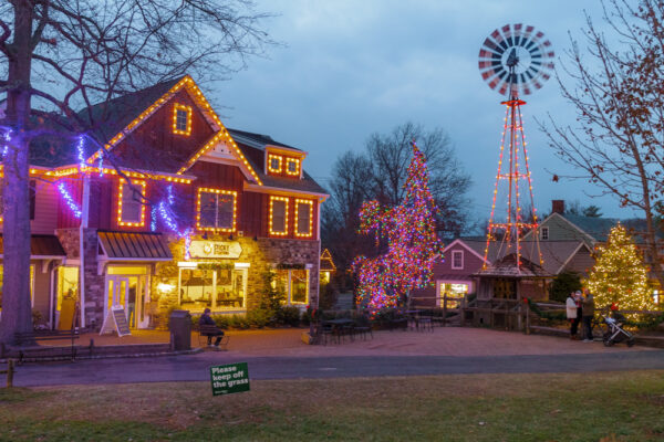 Christmas lights around Peddler's Village's windmill