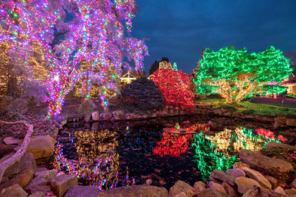 Lights reflecting in a pond at Peddler's Village in Lahaska PA