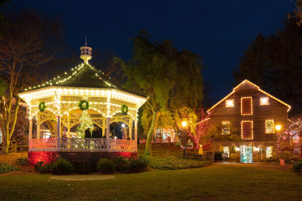 Lights on buildings at Peddler's Village in Bucks County PA