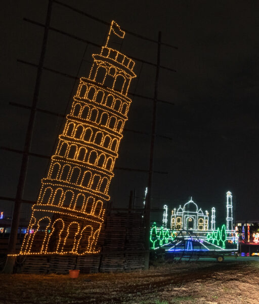 The Leaning Tower of Pisa and the Taj Mahal lights at Shady Brook Farms near Philly