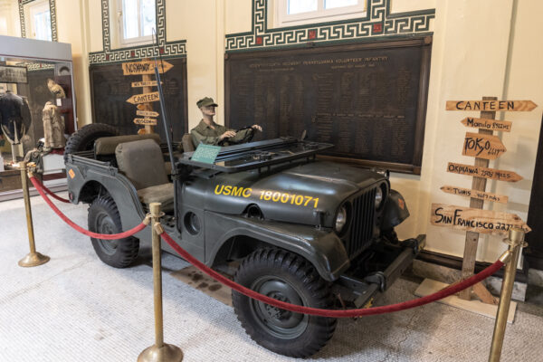 A Jeep used during the Korean War on display at the Soldiers and Sailors Memorial Hall in Pittsburgh, Pennsylvania
