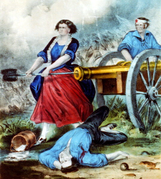 A painting of Molly Pitcher at the Battle on Monmouth from Currier and Ives.