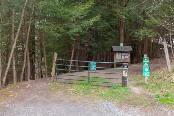 Trailhead at the Little Rocky Glen Preserve in Wyoming County Pennsylvania