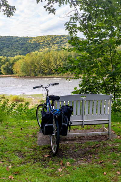 Bike resting against a bench along the Samuel Justus Rail Trail in Franklin PA
