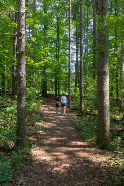 People hiking the Guided Trail at Asbury Woods in Erie County PA