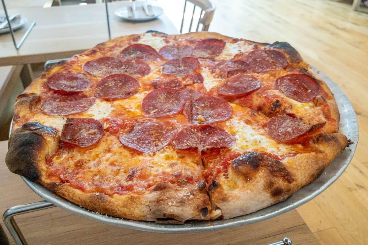 A pepperoni pizza from Pizzeria Beddia in Philadelphia PA