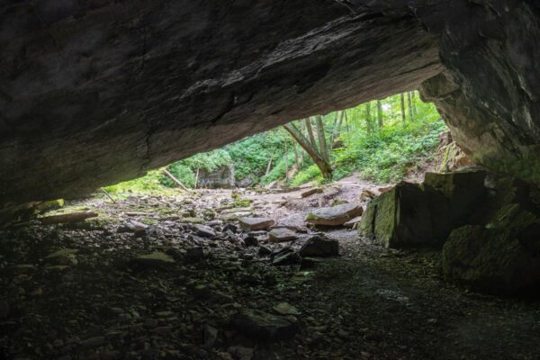 Inside Tytoona Cave in Blair County PA and looking outside