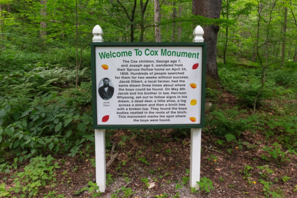 Sign with the story of the Lost Children of the Alleghenies Monument in Bedford County PA