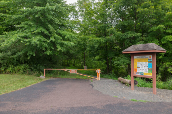 The trailhead for the short walk to the fossil pit in Montour Preserve near Danville PA