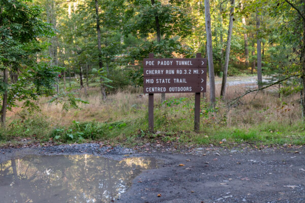 Sign pointing the way to the Poe Paddy Tunnel in Bald Eagle State Forest in PA