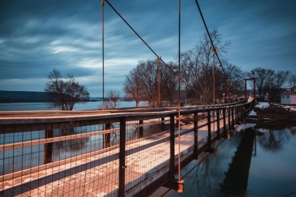 Close look at the swinging bridge in Millersburg PA in the winter