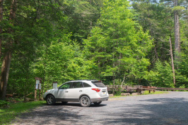 Car parked at the Alan Seeger Natural Area in the Allegheny Mountains of PA