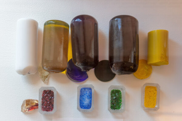Colored glass samples on display in the Dorflinger Factory Museum in Wayne County Pennsylvania