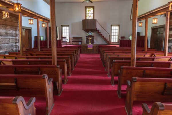 The beautiful interior of the church at Old Bedford Village in Pennsylvania