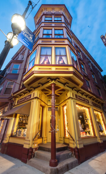 Nighttime exterior of a shop in Jim Thorpe PA