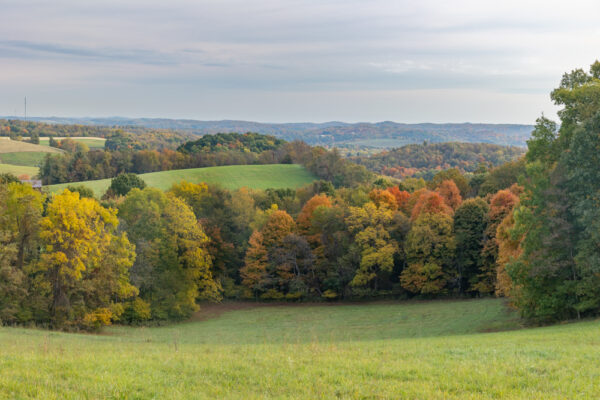 Fall colors and rolling hills in the Laurel Highlands near the Providence Meeting House Cemetery in PA