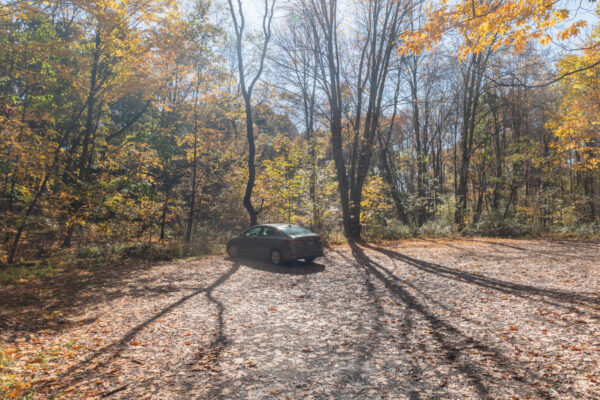 A car in the Parking area for Todd Nature Reserve in Butler County Pennsylvania