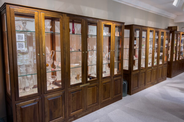 Display cases in the Dorflinger Glass Museum in the Poconos