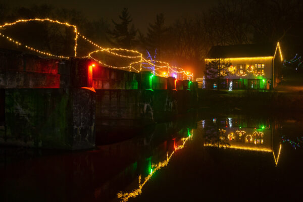 Grings Mill Lights reflecting in a creek in Berks County, PA