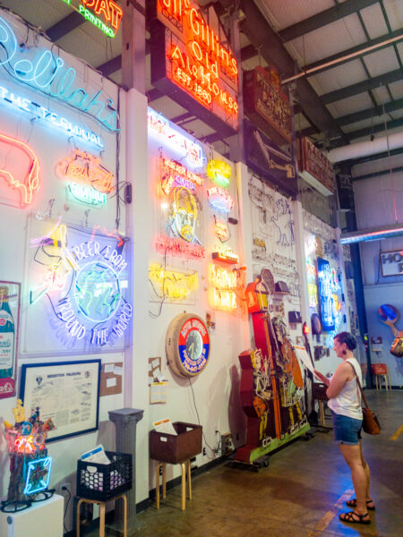 Wall of neon signs in the Neon Museum of Philadelphia in Pennsylvania