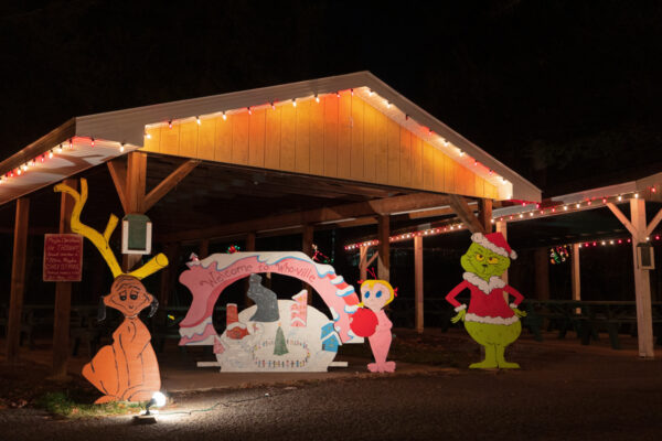 Wooden Grinch display at Cascade of Lights in New Castle Pennsylvania