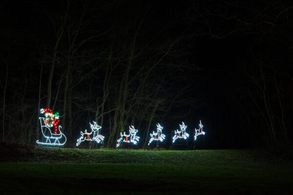 Santa and his reindeer in lights at New Castle's Cascade of Lights