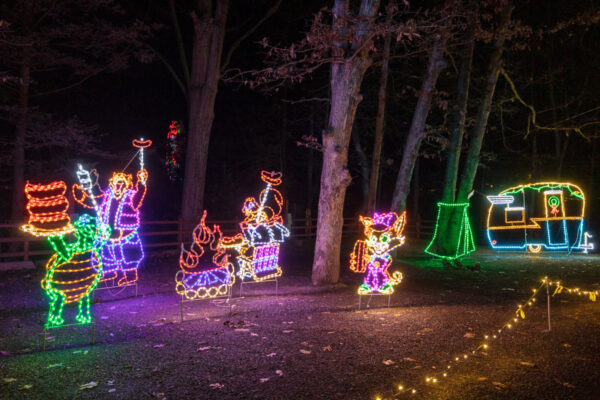 Knoebels' mascots in lights at Joy Through the Grove in Elysburg PA