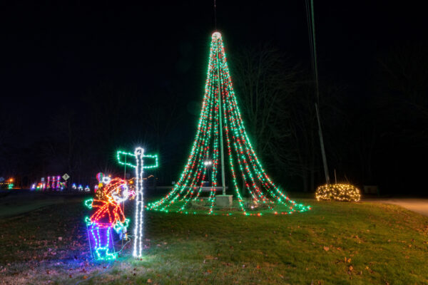 Lit tree and whimsical light at the Parade of Lights in New Castle, PA