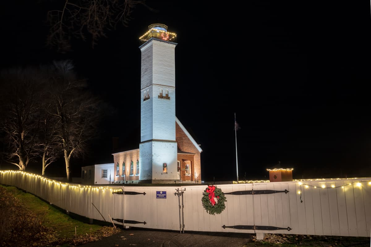 Presque Isle Lighthouse lit up for Christmas in Erie PA