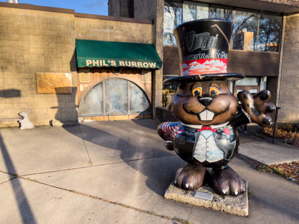 Phantastic Phil statue and Phil’s Burrow in Punxsutawney PA