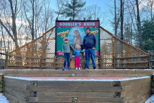 People on the Groundhog’s Day stage at Gobbler’s Knob in Punxsutawney Pennsylvaina