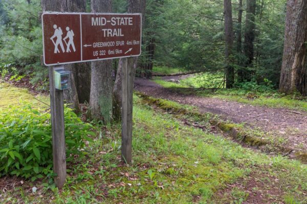 Mid State Trail marker in Penn Roosevelt State Park in Centre County Pennsylvania